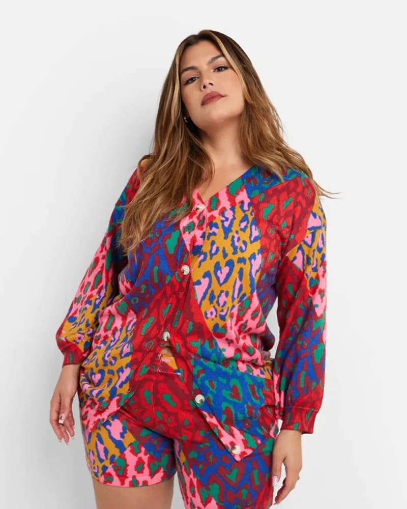 Front of a model wearing a size L Logan Knit Multi Leopard Print Button Front Cardigan in Multicolor by Rebdolls. | dia_product_style_image_id:320890